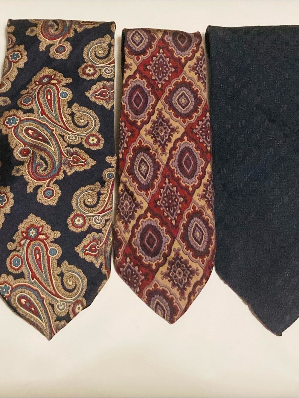Men's Five-Tie Set — Navy Paisley, Burgundy Medallion & Black Textured